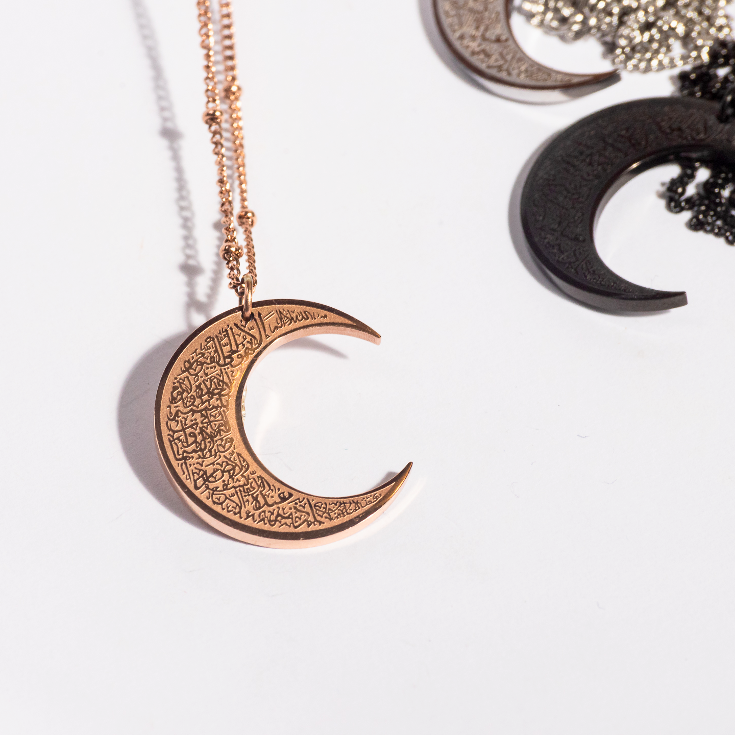 Rose Gold Ayat Ul Kursi Moon Pendant with Dot Chain